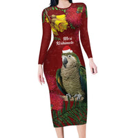 Kakapo Bird New Zealand Family Matching Long Sleeve Bodycon Dress and Hawaiian Shirt Floral Christmas LT7 Mom's Dress Red - Polynesian Pride