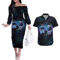 Polynesian Personalized Memorial Couples Matching Off The Shoulder Long Sleeve Dress and Hawaiian Shirt Oceanic Infinity Symbol - Until We Meet Again - Polynesian Pride