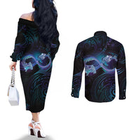 Polynesian Personalized Memorial Couples Matching Off The Shoulder Long Sleeve Dress and Long Sleeve Button Shirt Oceanic Infinity Symbol - Until We Meet Again LT7 - Polynesian Pride
