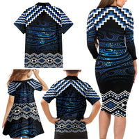 New Zealand Matariki Family Matching Long Sleeve Bodycon Dress and Hawaiian Shirt Galaxy Styled Taniko LT7 - Polynesian Pride