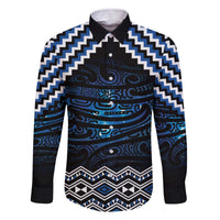 New Zealand Matariki Family Matching Off The Shoulder Long Sleeve Dress and Hawaiian Shirt Galaxy Styled Taniko LT7 Dad's Shirt - Long Sleeve Blue - Polynesian Pride