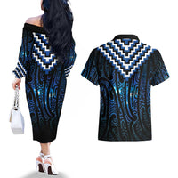 New Zealand Matariki Couples Matching Off The Shoulder Long Sleeve Dress and Hawaiian Shirt Galaxy Poutama Motifs LT7 - Polynesian Pride