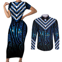 New Zealand Matariki Couples Matching Short Sleeve Bodycon Dress and Long Sleeve Button Shirt Galaxy Poutama Motifs LT7 Blue - Polynesian Pride