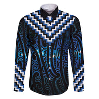New Zealand Matariki Family Matching Off The Shoulder Long Sleeve Dress and Hawaiian Shirt Galaxy Poutama Motifs LT7 Dad's Shirt - Long Sleeve Blue - Polynesian Pride