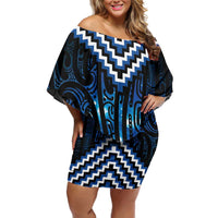 New Zealand Matariki Family Matching Off Shoulder Short Dress and Hawaiian Shirt Galaxy Poutama Motifs LT7 Mom's Dress Blue - Polynesian Pride