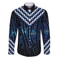 New Zealand Matariki Family Matching Short Sleeve Bodycon Dress and Hawaiian Shirt Galaxy Poutama Motifs LT7 Dad's Shirt - Long Sleeve Blue - Polynesian Pride