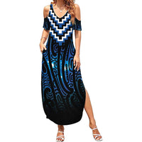 New Zealand Matariki Family Matching Summer Maxi Dress and Hawaiian Shirt Galaxy Poutama Motifs LT7 Mom's Dress Blue - Polynesian Pride