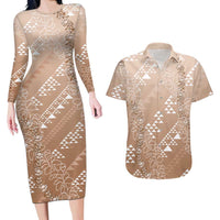 Hawaii Beige Kapa Couples Matching Long Sleeve Bodycon Dress and Hawaiian Shirt Vintage 'Ohe Kāpala Motifs Mix Plumeria Leis LT7 Beige - Polynesian Pride