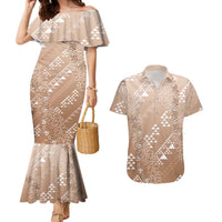Hawaii Beige Kapa Couples Matching Mermaid Dress and Hawaiian Shirt Vintage 'Ohe Kāpala Motifs Mix Plumeria Leis LT7 Beige - Polynesian Pride