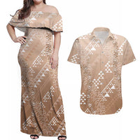 Hawaii Beige Kapa Couples Matching Off Shoulder Maxi Dress and Hawaiian Shirt Vintage 'Ohe Kāpala Motifs Mix Plumeria Leis LT7 Beige - Polynesian Pride