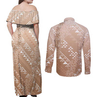 Hawaii Beige Kapa Couples Matching Off Shoulder Maxi Dress and Long Sleeve Button Shirt Vintage 'Ohe Kāpala Motifs Mix Plumeria Leis LT7 - Polynesian Pride