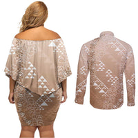Hawaii Beige Kapa Couples Matching Off Shoulder Short Dress and Long Sleeve Button Shirt Vintage 'Ohe Kāpala Motifs Mix Plumeria Leis LT7 - Polynesian Pride