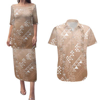Hawaii Beige Kapa Couples Matching Puletasi and Hawaiian Shirt Vintage 'Ohe Kāpala Motifs Mix Plumeria Leis LT7 Beige - Polynesian Pride
