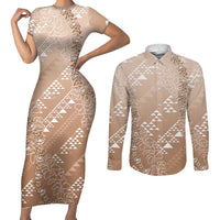 Hawaii Beige Kapa Couples Matching Short Sleeve Bodycon Dress and Long Sleeve Button Shirt Vintage 'Ohe Kāpala Motifs Mix Plumeria Leis LT7 Beige - Polynesian Pride