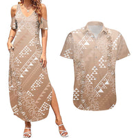 Hawaii Beige Kapa Couples Matching Summer Maxi Dress and Hawaiian Shirt Vintage 'Ohe Kāpala Motifs Mix Plumeria Leis LT7 Beige - Polynesian Pride
