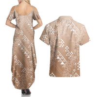 Hawaii Beige Kapa Couples Matching Summer Maxi Dress and Hawaiian Shirt Vintage 'Ohe Kāpala Motifs Mix Plumeria Leis LT7 - Polynesian Pride