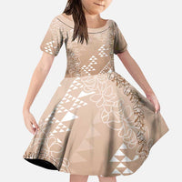 Hawaii Beige Kapa Family Matching Off Shoulder Maxi Dress and Hawaiian Shirt Vintage 'Ohe Kāpala Motifs Mix Plumeria Leis LT7 Daughter's Dress Beige - Polynesian Pride