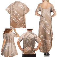 Hawaii Beige Kapa Family Matching Summer Maxi Dress and Hawaiian Shirt Vintage 'Ohe Kāpala Motifs Mix Plumeria Leis LT7 - Polynesian Pride