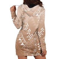 Hawaii Beige Kapa Hoodie Dress Vintage 'Ohe Kāpala Motifs Mix Plumeria Leis LT7 - Polynesian Pride