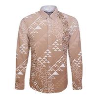 Hawaii Beige Kapa Long Sleeve Button Shirt Vintage 'Ohe Kāpala Motifs Mix Plumeria Leis
