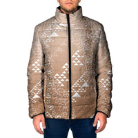 Hawaii Beige Kapa Padded Jacket Vintage 'Ohe Kāpala Motifs Mix Plumeria Leis