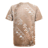 Hawaii Beige Kapa Rugby Jersey Vintage 'Ohe Kāpala Motifs Mix Plumeria Leis