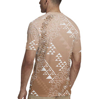 Hawaii Beige Kapa Rugby Jersey Vintage 'Ohe Kāpala Motifs Mix Plumeria Leis
