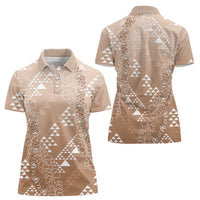 Hawaii Beige Kapa Women Polo Shirt Vintage 'Ohe Kāpala Motifs Mix Plumeria Leis LT7 - Polynesian Pride