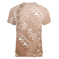 Hawaii Beige Kapa Women V-Neck T-Shirt Vintage 'Ohe Kāpala Motifs Mix Plumeria Leis LT7 - Polynesian Pride