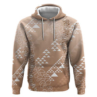 Hawaii Beige Kapa Zip Hoodie Vintage 'Ohe Kāpala Motifs Mix Plumeria Leis
