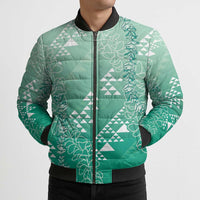 Hawaii Jade Green Kapa Bomber Puffer Jacket Vintage 'Ohe Kāpala Motifs Mix Plumeria Leis