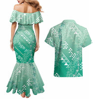 Hawaii Jade Green Kapa Couples Matching Mermaid Dress and Hawaiian Shirt Vintage 'Ohe Kāpala Motifs Mix Plumeria Leis LT7 - Polynesian Pride