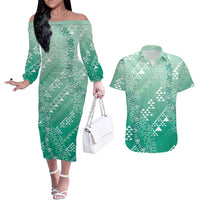 Hawaii Jade Green Kapa Couples Matching Off The Shoulder Long Sleeve Dress and Hawaiian Shirt Vintage 'Ohe Kāpala Motifs Mix Plumeria Leis LT7 Jade Green - Polynesian Pride