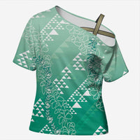 Hawaii Jade Green Kapa Cross Shoulder Shirt Vintage 'Ohe Kāpala Motifs Mix Plumeria Leis