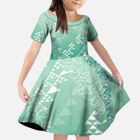 Hawaii Jade Green Kapa Kid Short Sleeve Dress Vintage 'Ohe Kāpala Motifs Mix Plumeria Leis