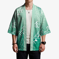 Hawaii Jade Green Kapa Kimono Vintage 'Ohe Kāpala Motifs Mix Plumeria Leis