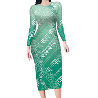 Hawaii Jade Green Kapa Long Sleeve Bodycon Dress Vintage 'Ohe Kāpala Motifs Mix Plumeria Leis LT7 Long Dress Jade Green - Polynesian Pride