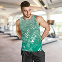 Hawaii Jade Green Kapa Men Tank Top Vintage 'Ohe Kāpala Motifs Mix Plumeria Leis
