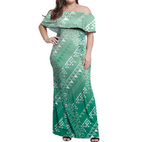 Hawaii Jade Green Kapa Off Shoulder Maxi Dress Vintage 'Ohe Kāpala Motifs Mix Plumeria Leis