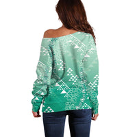 Hawaii Jade Green Kapa Off Shoulder Sweater Vintage 'Ohe Kāpala Motifs Mix Plumeria Leis