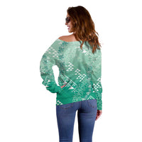 Hawaii Jade Green Kapa Off Shoulder Sweater Vintage 'Ohe Kāpala Motifs Mix Plumeria Leis