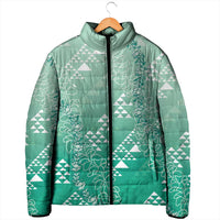 Hawaii Jade Green Kapa Padded Jacket Vintage 'Ohe Kāpala Motifs Mix Plumeria Leis