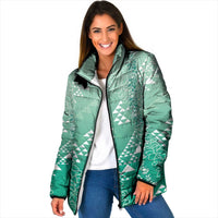 Hawaii Jade Green Kapa Padded Jacket Vintage 'Ohe Kāpala Motifs Mix Plumeria Leis