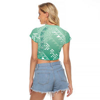 Hawaii Jade Green Kapa Raglan Cropped T Shirt Vintage 'Ohe Kāpala Motifs Mix Plumeria Leis