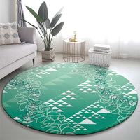 Hawaii Jade Green Kapa Round Carpet Vintage 'Ohe Kāpala Motifs Mix Plumeria Leis