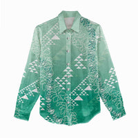 Hawaii Jade Green Kapa Women Casual Shirt Vintage 'Ohe Kāpala Motifs Mix Plumeria Leis LT7 - Polynesian Pride