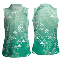 Hawaii Jade Green Kapa Women Sleeveless Polo Shirt Vintage 'Ohe Kāpala Motifs Mix Plumeria Leis LT7 - Polynesian Pride