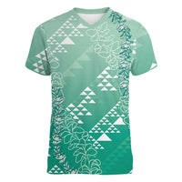 Hawaii Jade Green Kapa Women V-Neck T-Shirt Vintage 'Ohe Kāpala Motifs Mix Plumeria Leis LT7 Female Jade Green - Polynesian Pride