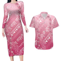 Hawaii Rose Pink Kapa Couples Matching Long Sleeve Bodycon Dress and Hawaiian Shirt Vintage 'Ohe Kāpala Motifs Mix Plumeria Leis LT7 Rose Pink - Polynesian Pride