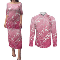 Hawaii Rose Pink Kapa Couples Matching Puletasi and Long Sleeve Button Shirt Vintage 'Ohe Kāpala Motifs Mix Plumeria Leis LT7 Rose Pink - Polynesian Pride